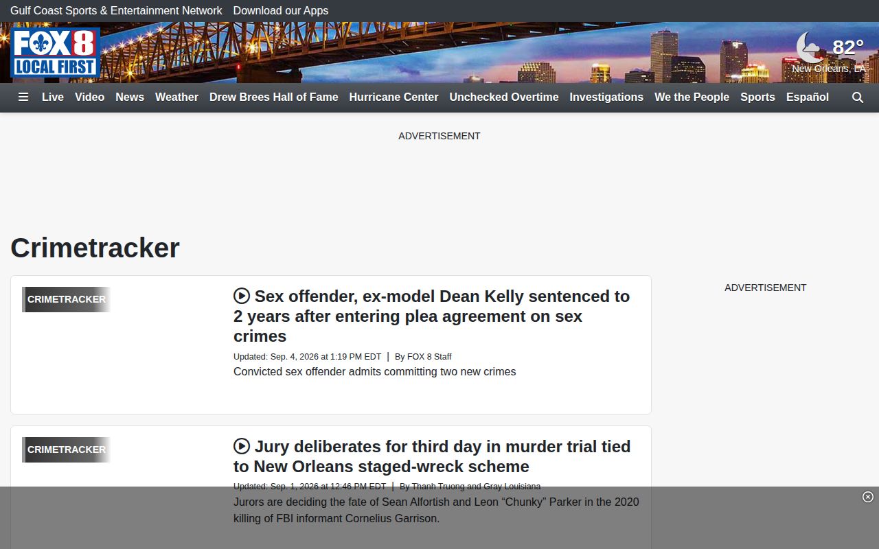FOX 8 Crime Tracker page showing local story-based crime coverage